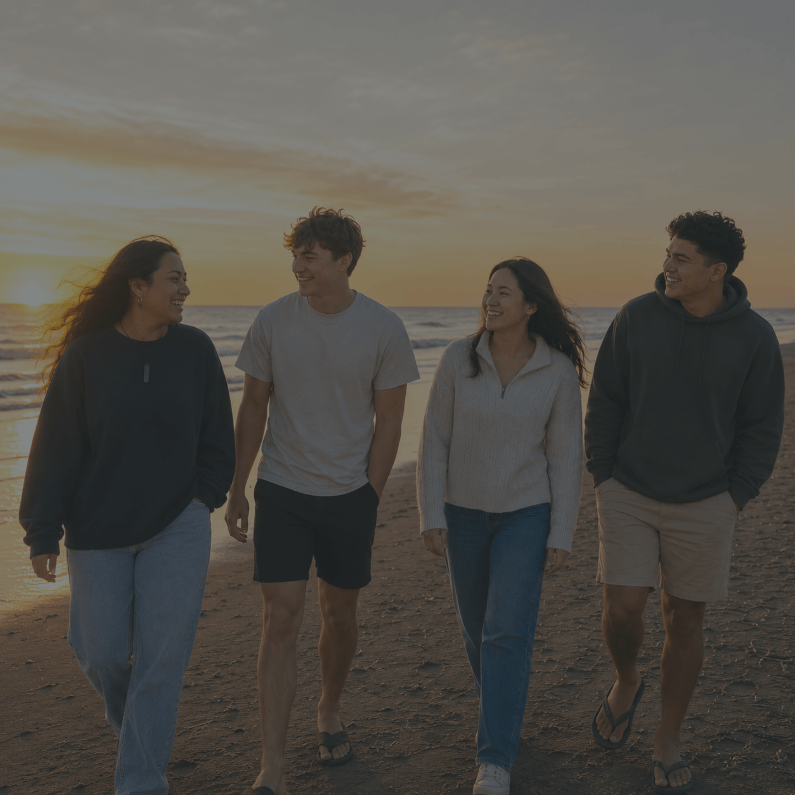diverse-young-nz-friends-beach-sunset-walking-dark-overlay-nz